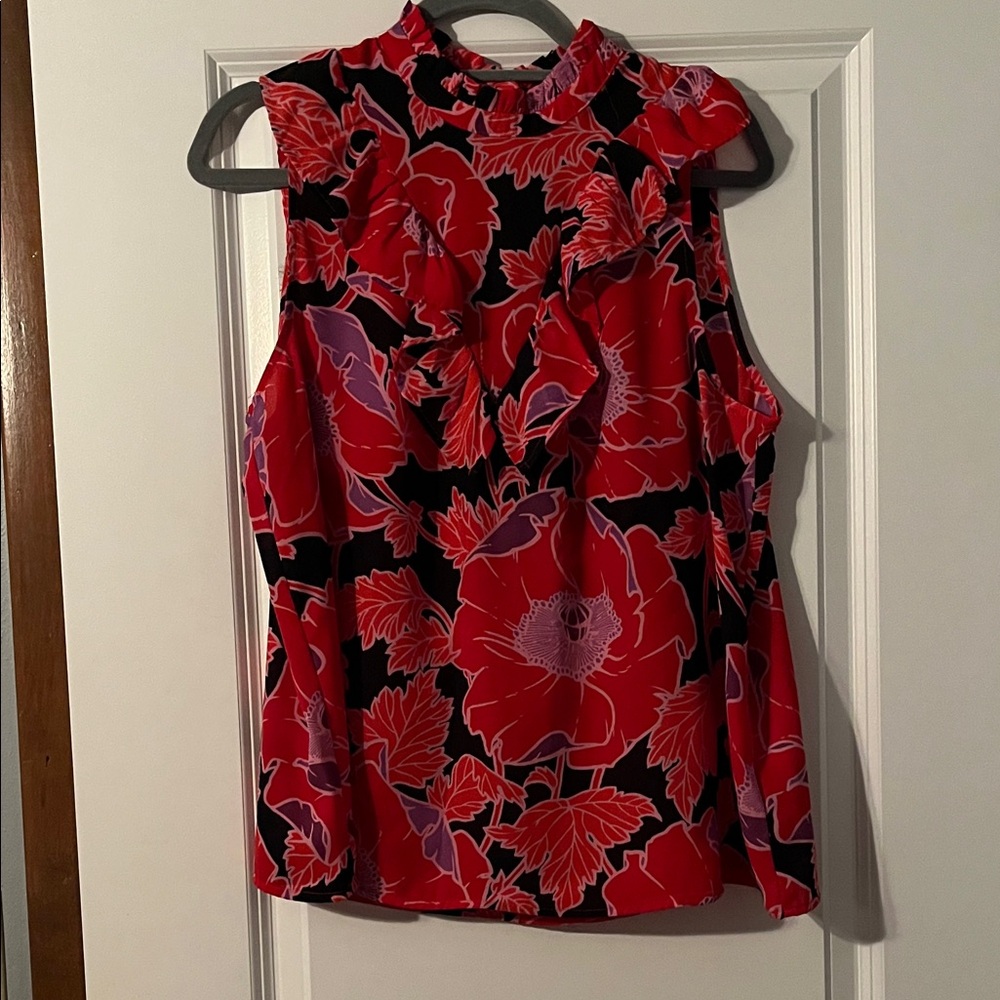 Who What Wear Red and Black Floral Blouse